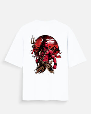 Unisex white oversized t-shirt featuring a powerful red and black Lord Shiva graphic print on the back holding a Trishul against a red moon.