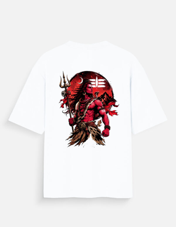 Unisex white oversized t-shirt featuring a powerful red and black Lord Shiva graphic print on the back holding a Trishul against a red moon.