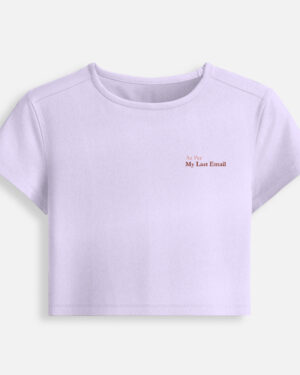 Lavender fitted baby tee featuring a minimalist chest typography print that reads "As Per My Last Email".