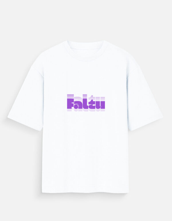 Unisex white oversized t-shirt featuring a purple and grey layered "Faltu" typographic graphic print on the front.