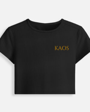 Black fitted baby tee featuring a minimalist gold serif "KAOS" text logo printed on the chest.