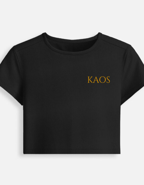 Black fitted baby tee featuring a minimalist gold serif "KAOS" text logo printed on the chest.