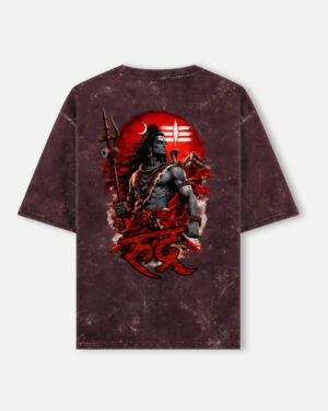 Unisex maroon acid washed oversized t-shirt featuring a detailed Lord Shiva graphic on the back with "Rudra" written in red Devanagari script.