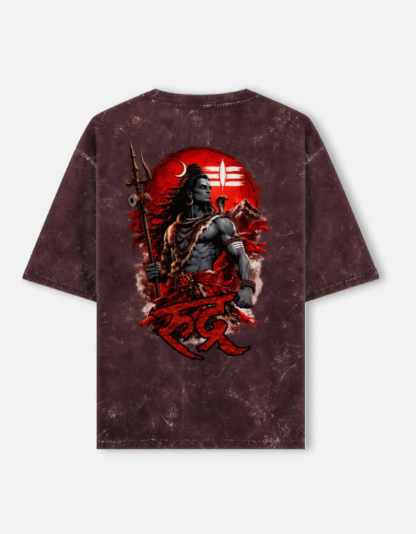 Unisex maroon acid washed oversized t-shirt featuring a detailed Lord Shiva graphic on the back with "Rudra" written in red Devanagari script.