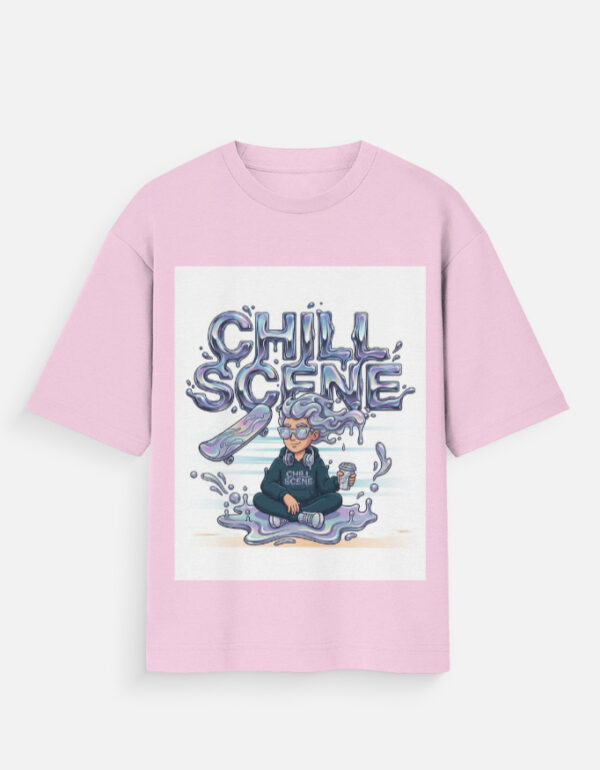 Unisex light baby pink oversized t-shirt with a vibrant liquid metallic "Chill Scene" graphic featuring a character meditating with a skateboard.