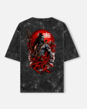 Unisex black acid washed oversized t-shirt featuring a detailed Lord Shiva graphic on the back with "Rudra" written in red Devanagari script.
