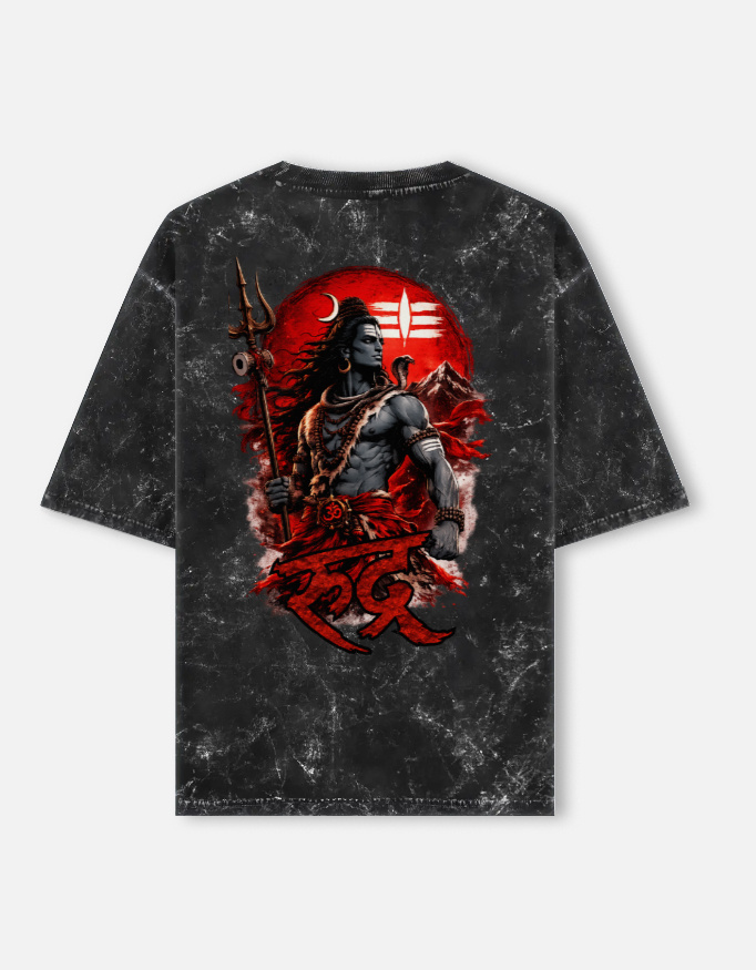 Unisex black acid washed oversized t-shirt featuring a detailed Lord Shiva graphic on the back with "Rudra" written in red Devanagari script.