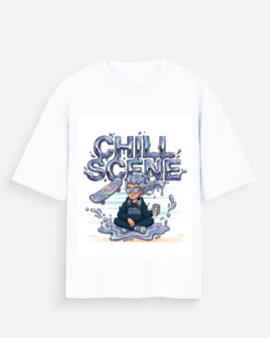 Unisex white oversized t-shirt with a vibrant liquid metallic "Chill Scene" graphic featuring a character meditating with a skateboard.