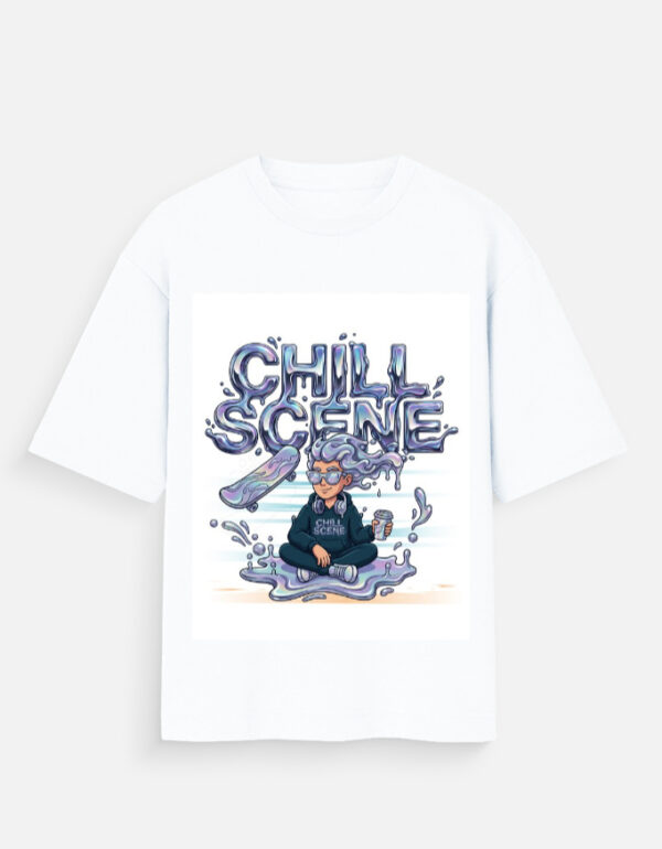 Unisex white oversized t-shirt with a vibrant liquid metallic "Chill Scene" graphic featuring a character meditating with a skateboard.