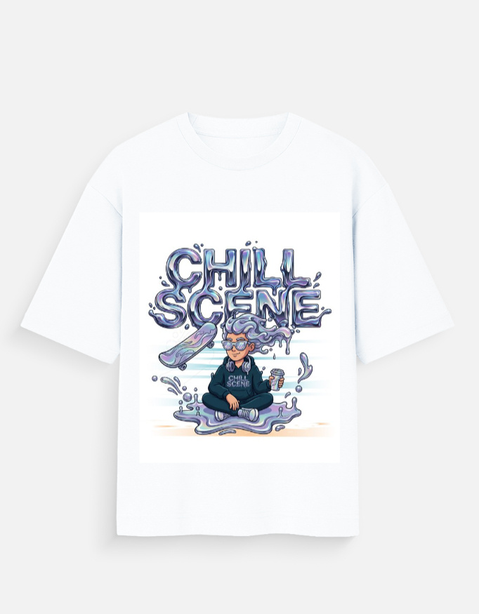 Unisex white oversized t-shirt with a vibrant liquid metallic "Chill Scene" graphic featuring a character meditating with a skateboard.