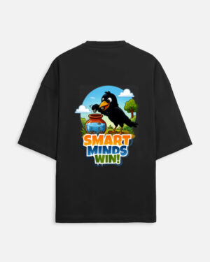 Unisex black terry oversized t-shirt featuring a colorful cartoon graphic on the back of a thirsty crow putting pebbles into a water pot with "Smart Minds Win!" text.