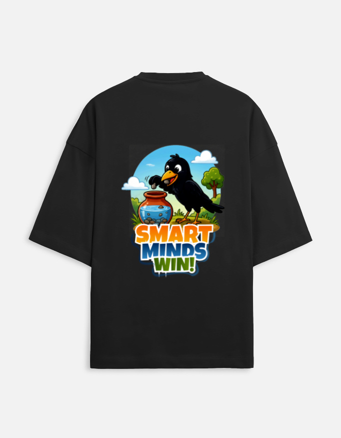 Unisex black terry oversized t-shirt featuring a colorful cartoon graphic on the back of a thirsty crow putting pebbles into a water pot with "Smart Minds Win!" text.