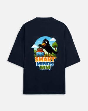 Unisex navy blue terry oversized t-shirt featuring a colorful cartoon graphic on the back of a thirsty crow putting pebbles into a water pot with "Smart Minds Win!" text.