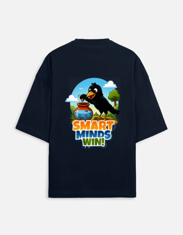 Unisex navy blue terry oversized t-shirt featuring a colorful cartoon graphic on the back of a thirsty crow putting pebbles into a water pot with "Smart Minds Win!" text.