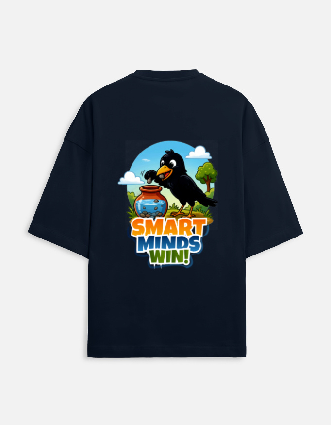 Unisex navy blue terry oversized t-shirt featuring a colorful cartoon graphic on the back of a thirsty crow putting pebbles into a water pot with "Smart Minds Win!" text.