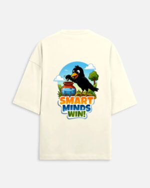 Unisex off-white terry oversized t-shirt featuring a colorful cartoon graphic on the back of a thirsty crow putting pebbles into a water pot with "Smart Minds Win!" text.