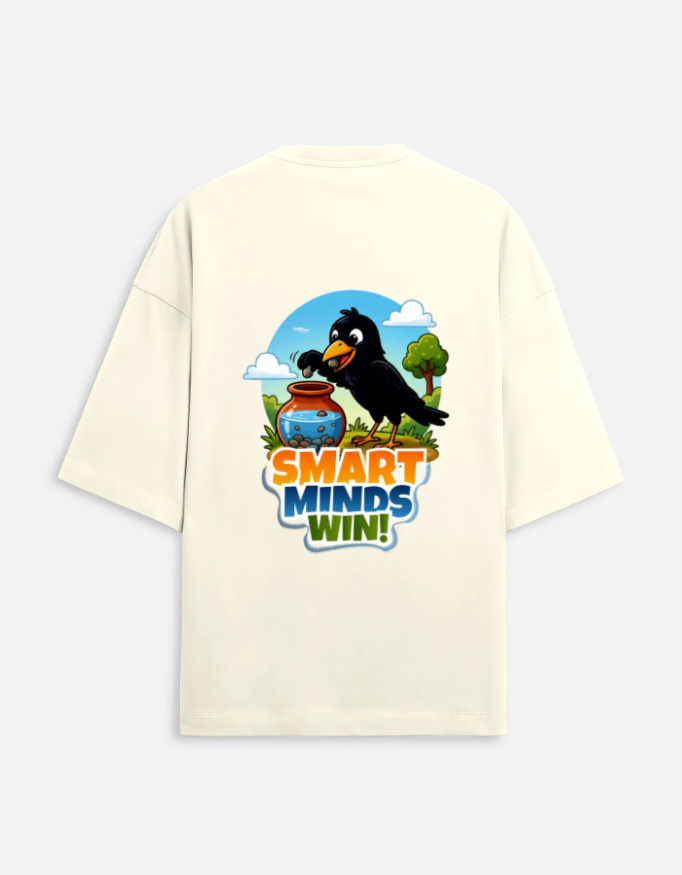 Unisex off-white terry oversized t-shirt featuring a colorful cartoon graphic on the back of a thirsty crow putting pebbles into a water pot with "Smart Minds Win!" text.