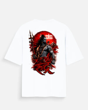 Unisex white oversized t-shirt featuring a dark-skinned Lord Shiva graphic print on the back with "Rudra" written in red Devanagari script.
