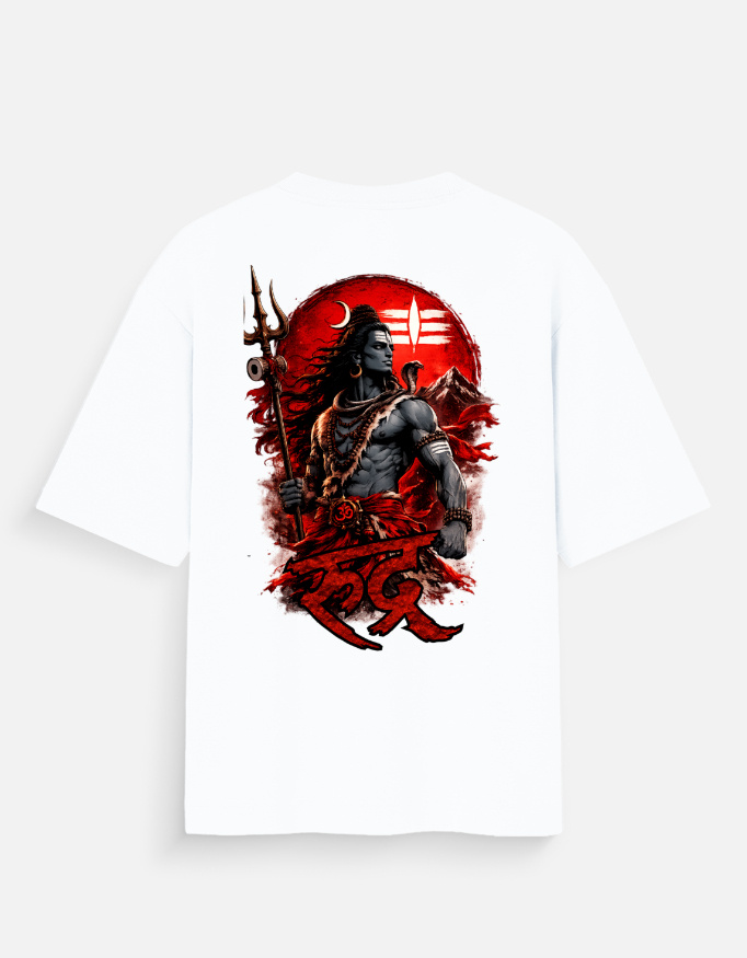 Unisex white oversized t-shirt featuring a dark-skinned Lord Shiva graphic print on the back with "Rudra" written in red Devanagari script.