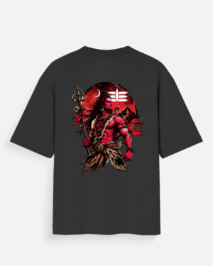 Unisex black oversized t-shirt featuring a powerful red and black Lord Shiva graphic print on the back holding a Trishul against a red moon.