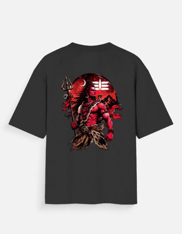 Unisex black oversized t-shirt featuring a powerful red and black Lord Shiva graphic print on the back holding a Trishul against a red moon.