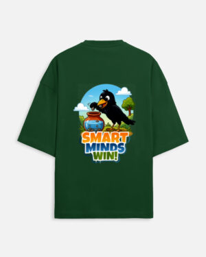 Unisex bottle green terry oversized t-shirt featuring a colorful cartoon graphic on the back of a thirsty crow putting pebbles into a water pot with "Smart Minds Win!" text.