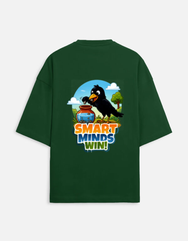 Unisex bottle green terry oversized t-shirt featuring a colorful cartoon graphic on the back of a thirsty crow putting pebbles into a water pot with "Smart Minds Win!" text.