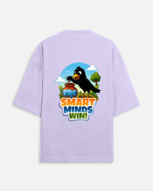 Unisex lavender terry oversized t-shirt featuring a colorful cartoon graphic on the back of a thirsty crow putting pebbles into a water pot with "Smart Minds Win!" text.