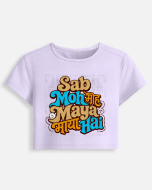 Lavender fitted baby tee featuring a colorful retro typography graphic print on the front with the phrase "Sab Moh Maya Hai" in English and Devanagari script.