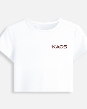 White fitted baby tee featuring a minimalist black "KAOS" text logo printed on the chest.