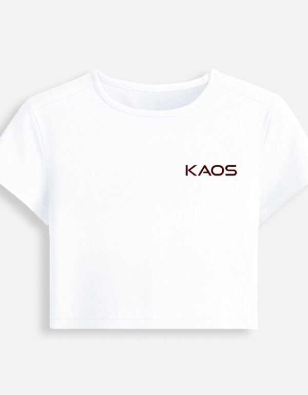 White fitted baby tee featuring a minimalist black "KAOS" text logo printed on the chest.