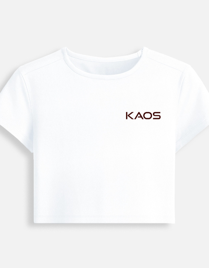White fitted baby tee featuring a minimalist black "KAOS" text logo printed on the chest.