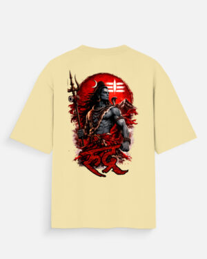 Unisex beige oversized t-shirt featuring a dark-skinned Lord Shiva graphic print on the back with "Rudra" written in red Devanagari script.