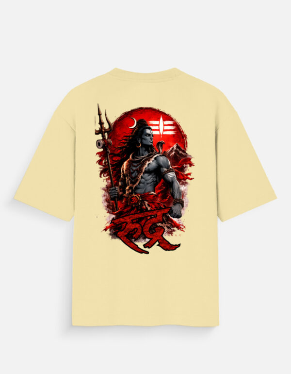Unisex beige oversized t-shirt featuring a dark-skinned Lord Shiva graphic print on the back with "Rudra" written in red Devanagari script.