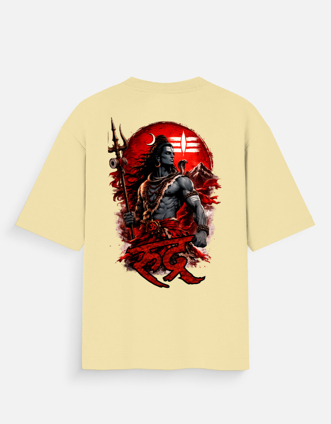 Unisex beige oversized t-shirt featuring a dark-skinned Lord Shiva graphic print on the back with "Rudra" written in red Devanagari script.