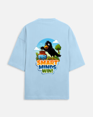 Unisex baby blue terry oversized t-shirt featuring a colorful cartoon graphic on the back of a thirsty crow putting pebbles into a water pot with "Smart Minds Win!" text.