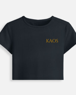 Navy blue fitted baby tee featuring a minimalist gold serif "KAOS" text logo printed on the chest.