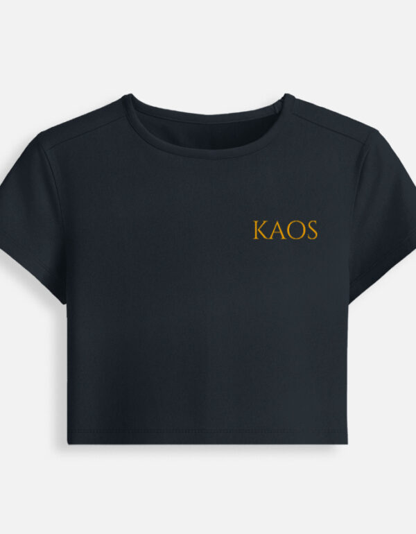 Navy blue fitted baby tee featuring a minimalist gold serif "KAOS" text logo printed on the chest.
