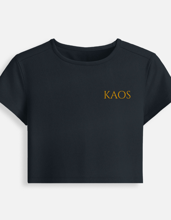 Navy blue fitted baby tee featuring a minimalist gold serif "KAOS" text logo printed on the chest.