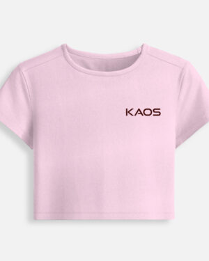 Light baby pink fitted baby tee featuring a minimalist black "KAOS" text logo printed on the chest.