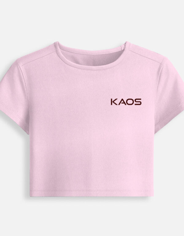 Light baby pink fitted baby tee featuring a minimalist black "KAOS" text logo printed on the chest.