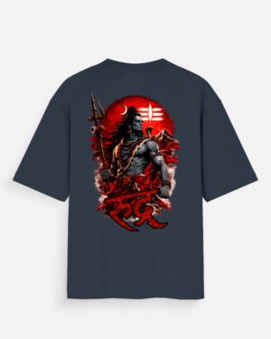 Unisex navy blue oversized t-shirt featuring a dark-skinned Lord Shiva graphic print on the back with "Rudra" written in red Devanagari script.
