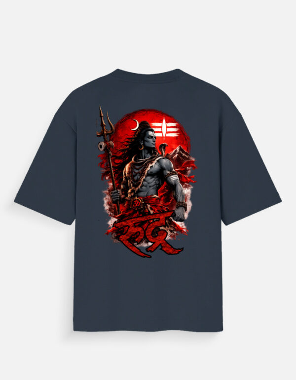 Unisex navy blue oversized t-shirt featuring a dark-skinned Lord Shiva graphic print on the back with "Rudra" written in red Devanagari script.