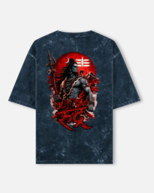 Unisex navy blue acid washed oversized t-shirt featuring a detailed Lord Shiva graphic on the back with "Rudra" written in red Devanagari script.