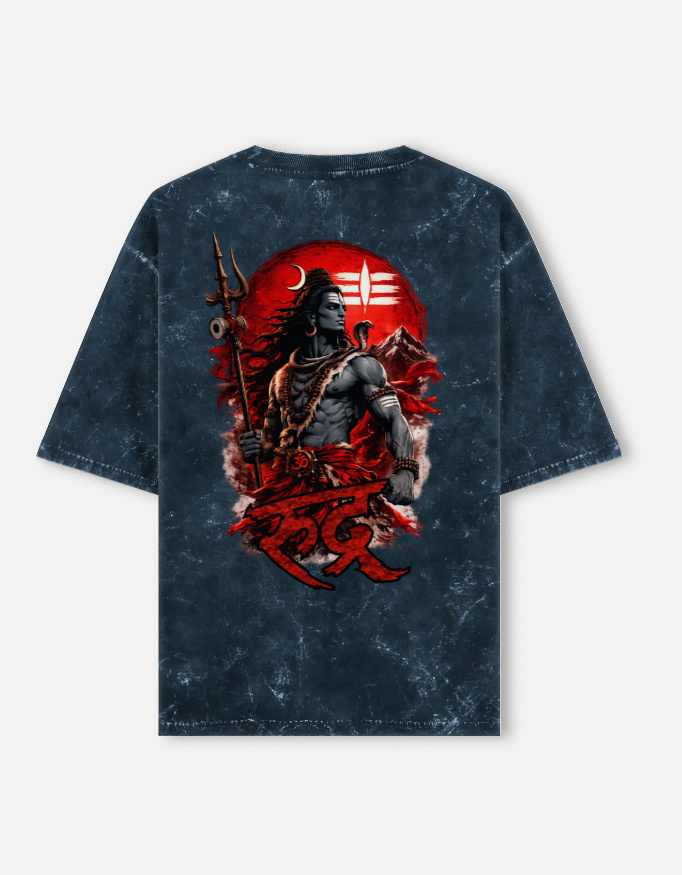 Unisex navy blue acid washed oversized t-shirt featuring a detailed Lord Shiva graphic on the back with "Rudra" written in red Devanagari script.