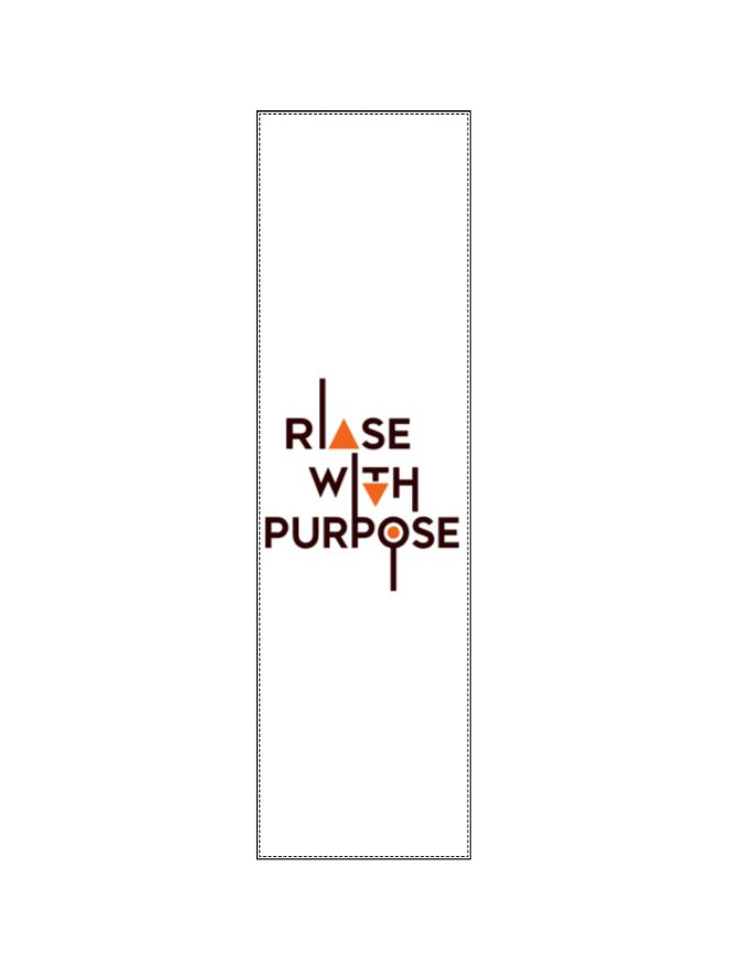 Flat view of a long white poly-woven satin stole featuring vertical modern typography reading "RISE WITH PURPOSE" with an orange arrow accent.