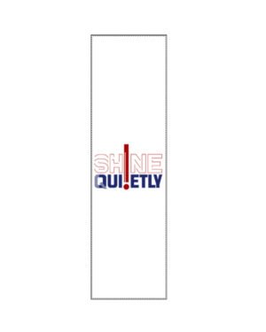 Vertical flat lay view of a white poly-woven satin stole featuring a red bar element with outlined and bold typography reading "SHINE QUIETLY".