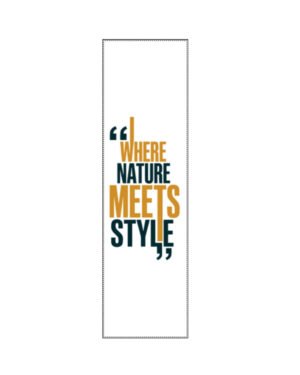 Vertical flat lay view of a white poly-woven satin stole featuring gold and dark green typography reading "WHERE NATURE MEETS STYLE" with quotation mark accents.