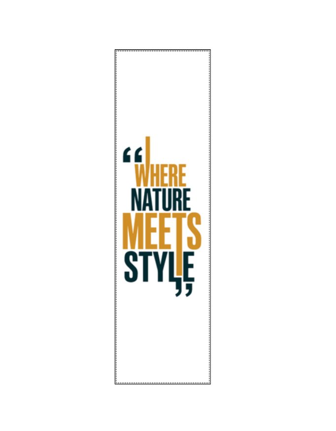 Vertical flat lay view of a white poly-woven satin stole featuring gold and dark green typography reading "WHERE NATURE MEETS STYLE" with quotation mark accents.
